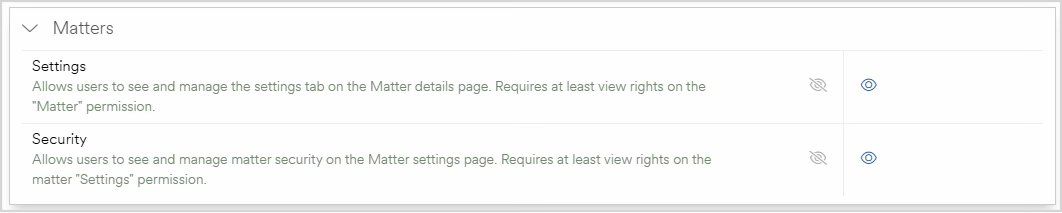 Settings and security permissions for managing matter details and settings in the application.